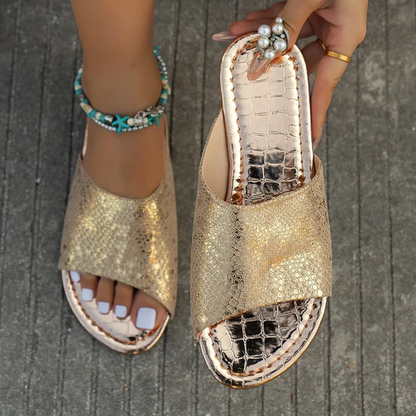 Golden Open Toe Slip On Flat Shoes