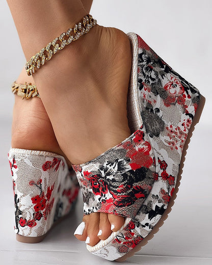 Vintage Floral Print Peep Toe Wedge Slippers