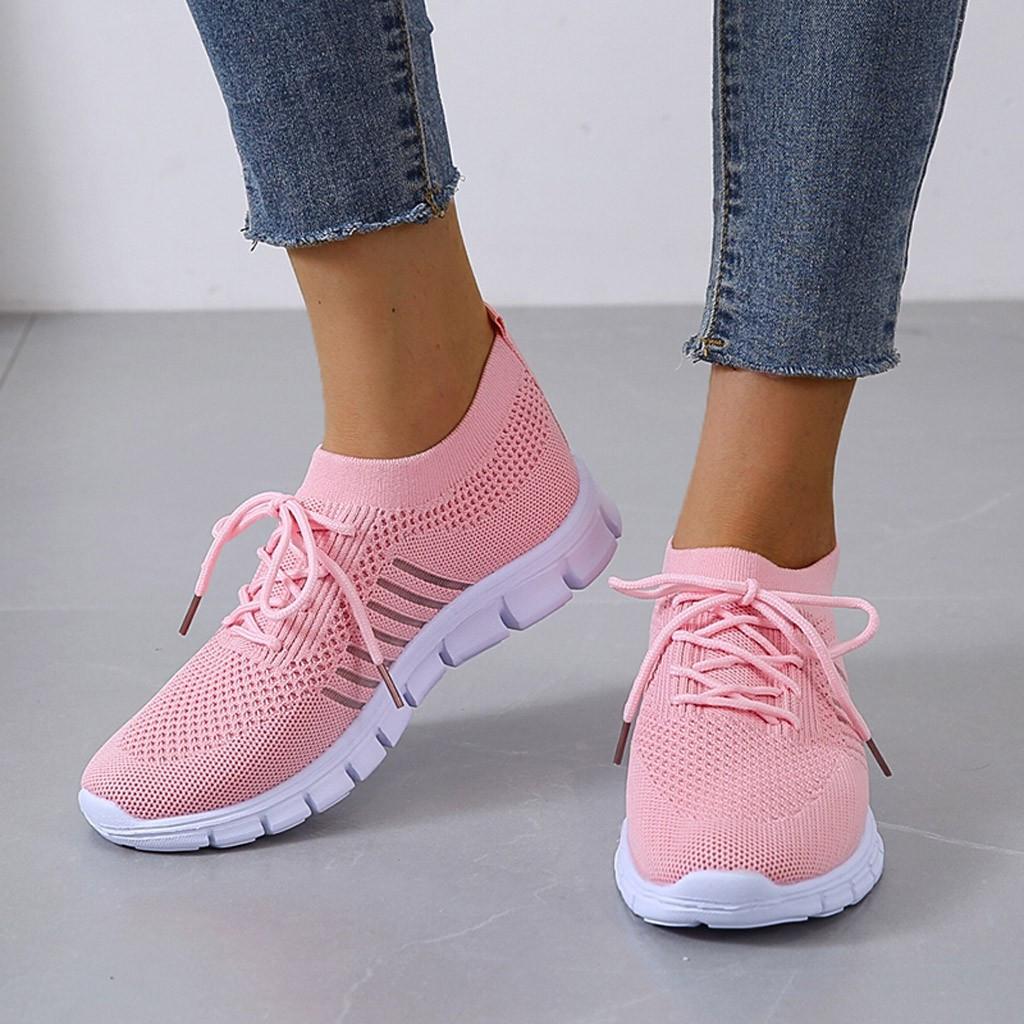 Gebreide hardloopsneakers voor dames, effen kleur ademen in Low Top Wandeltrainers