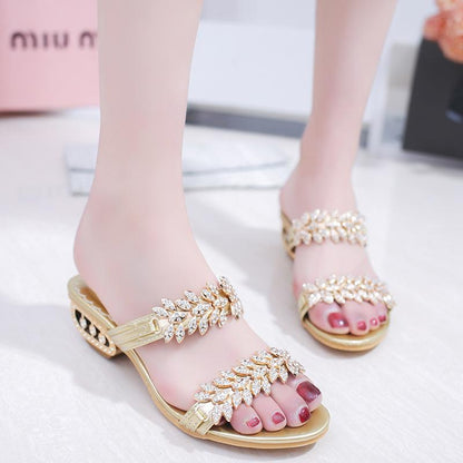 Women Summer New Outdoor Slippers Rhinestone Flip Flops Sandals