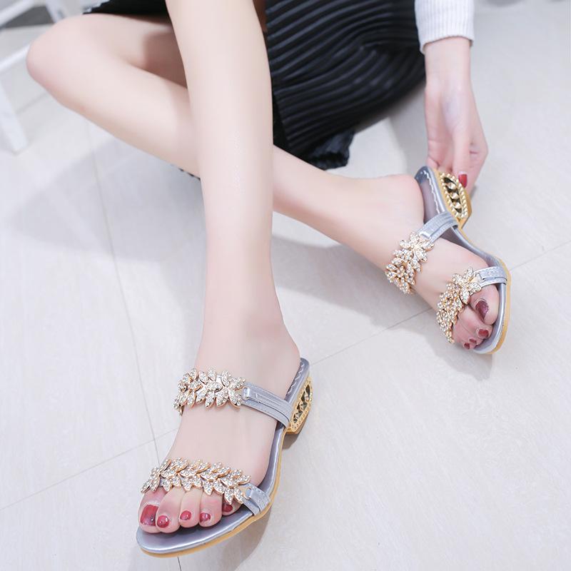 Women Summer New Outdoor Slippers Rhinestone Flip Flops Sandals