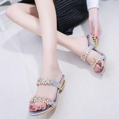 Women Summer New Outdoor Slippers Rhinestone Flip Flops Sandals