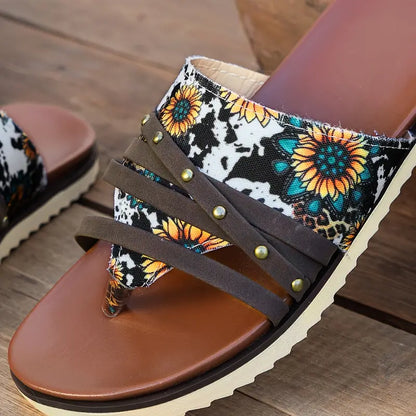 Vrouwen teenslippers met zonnebloemprint