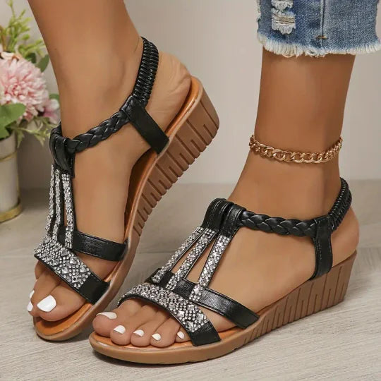 Boheemse Vrouwen Sleehakken Bergkristal Strap Sandalen