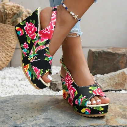 Sandalen met bloemenprint en sleehak Peep Toe