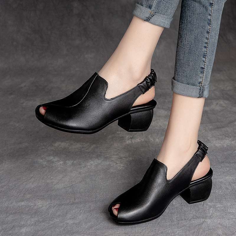 Open Toe Thick Heel Retro Shoes