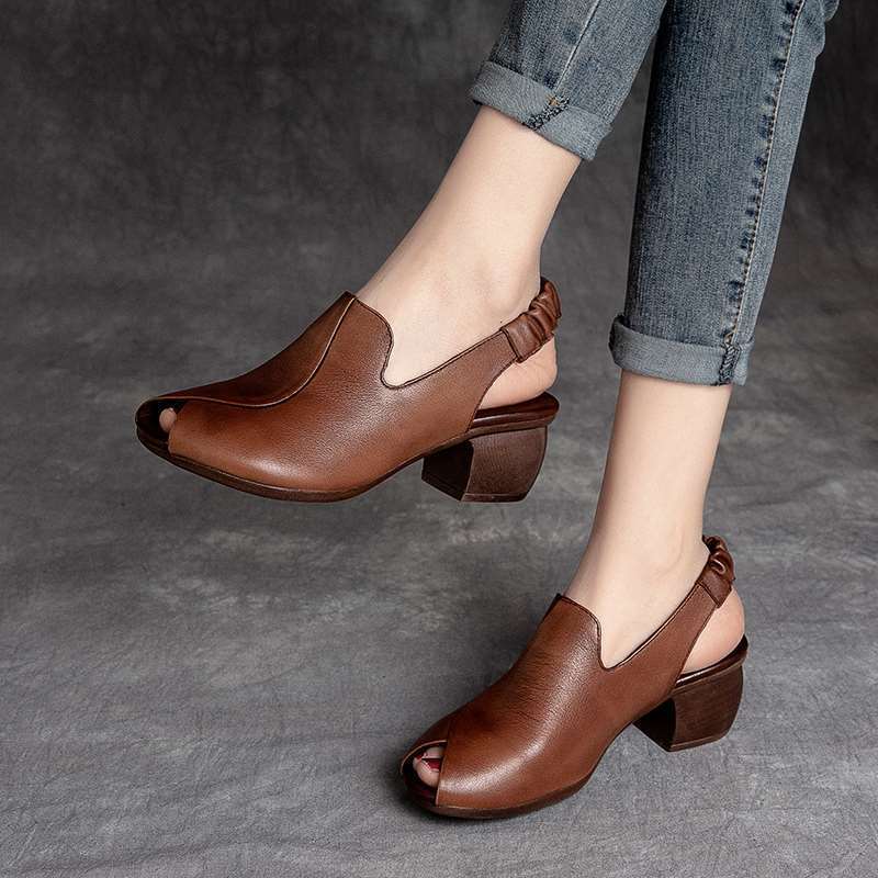 Open Toe Thick Heel Retro Shoes