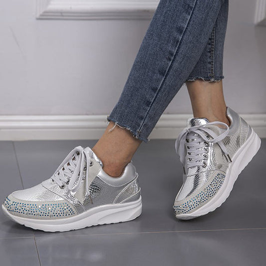 Rhinestone Embrellished Platform Lace-Up Sneakers Oshnow