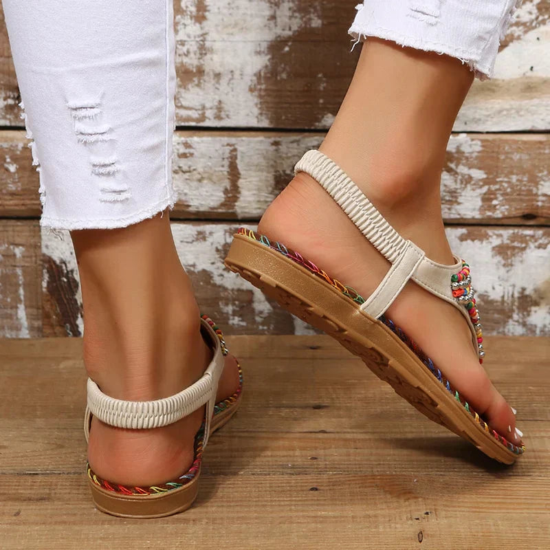 Vrouwen kralen etnische stijl Boho T-strap Slip On