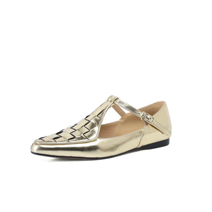 Echt leer gebreide T-Buckle Flats