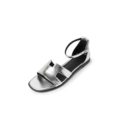 Echt leer platte teen sandalen