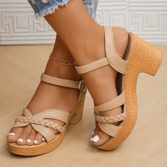 Camel Thick High Heels Sandals