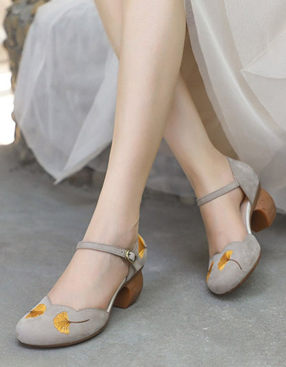 Summer Retro Embroidery Ankle Strap Chunky Heels June Shoes Collection 2021 86.60