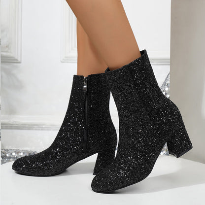 Vrouwen Glitter Laarzen Sparkly Hoge Hak Paillettes Chunky