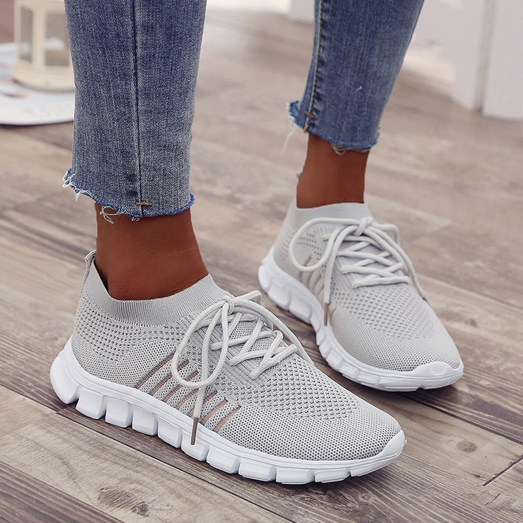 Gebreide hardloopsneakers voor dames, effen kleur ademen in Low Top Wandeltrainers