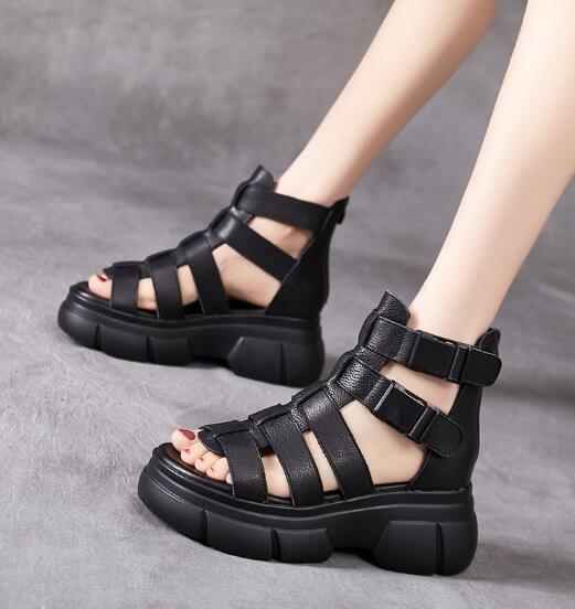 Handgemaakte leren retro casual enkellaarsjes sandalen