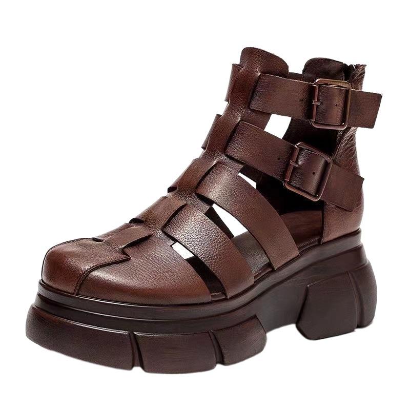 Handgemaakte leren retro casual enkellaarsjes sandalen