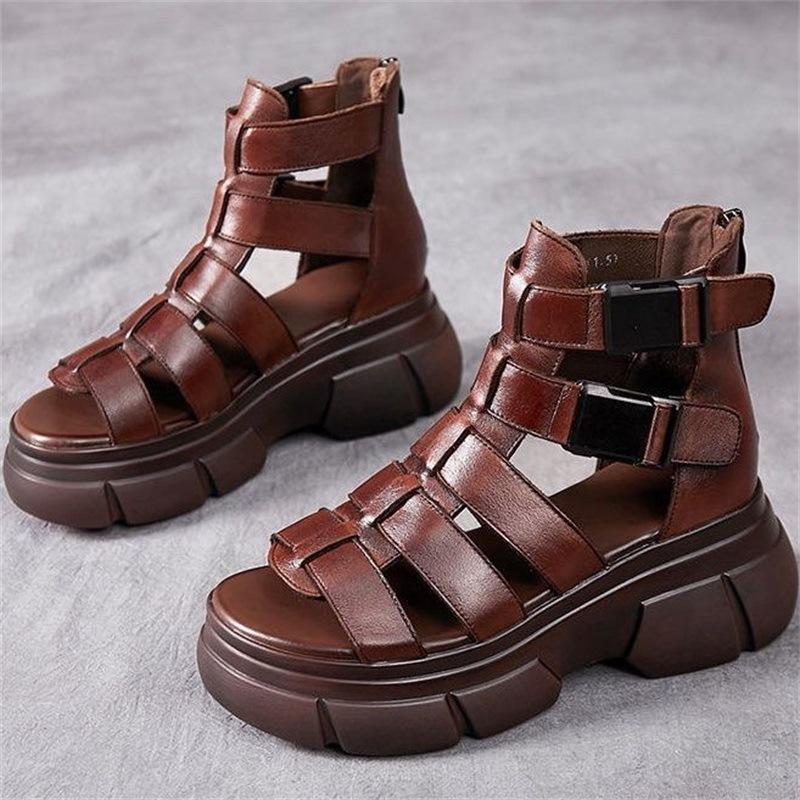 Handgemaakte leren retro casual enkellaarsjes sandalen