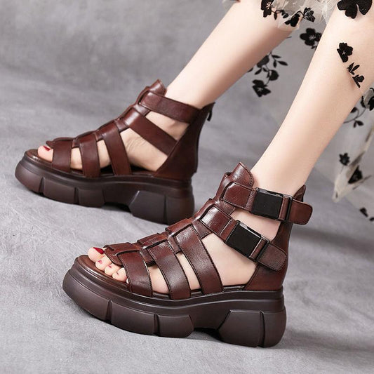 Handgemaakte leren retro casual enkellaarsjes sandalen