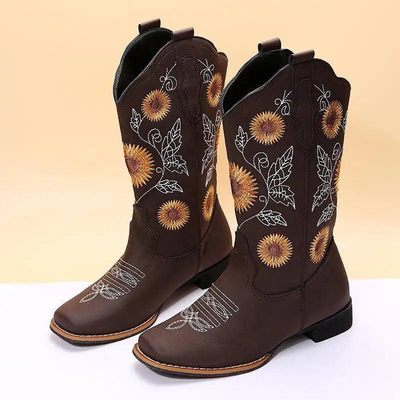 Cowboy Boots Women Sunflower Embroidery Shoes Low Heel-Brown-9