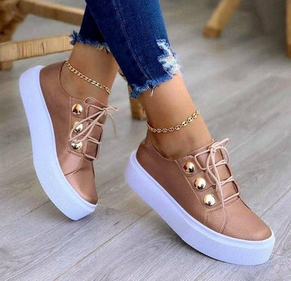 Lace-up Flats Sneakers Women Rivet Casual Shoes-White-4