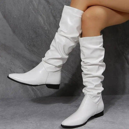 Long Boots White Cowboy Boots Women Pointed Toe Shoes-Black-2