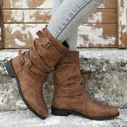 Low Heel Vintage Adjustable Buckle Boots Women Combat Biker-1