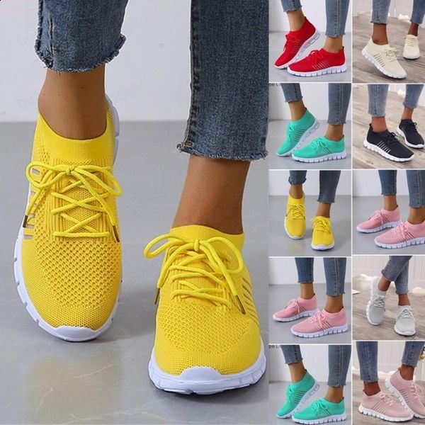 Gebreide hardloopsneakers voor dames, effen kleur ademen in Low Top Wandeltrainers